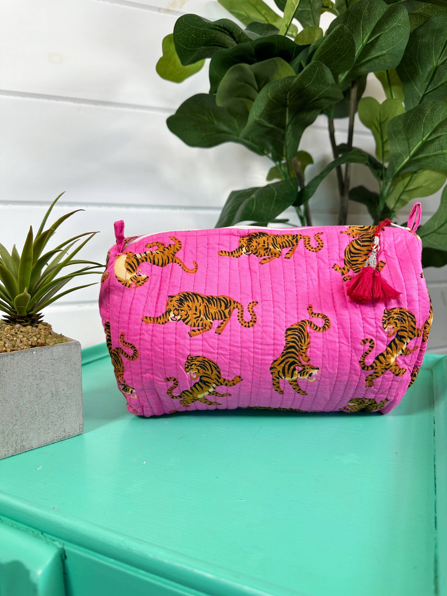 Quilted Pink Tiger Print Makeup Bag | Cosmetics Toiletry Bag