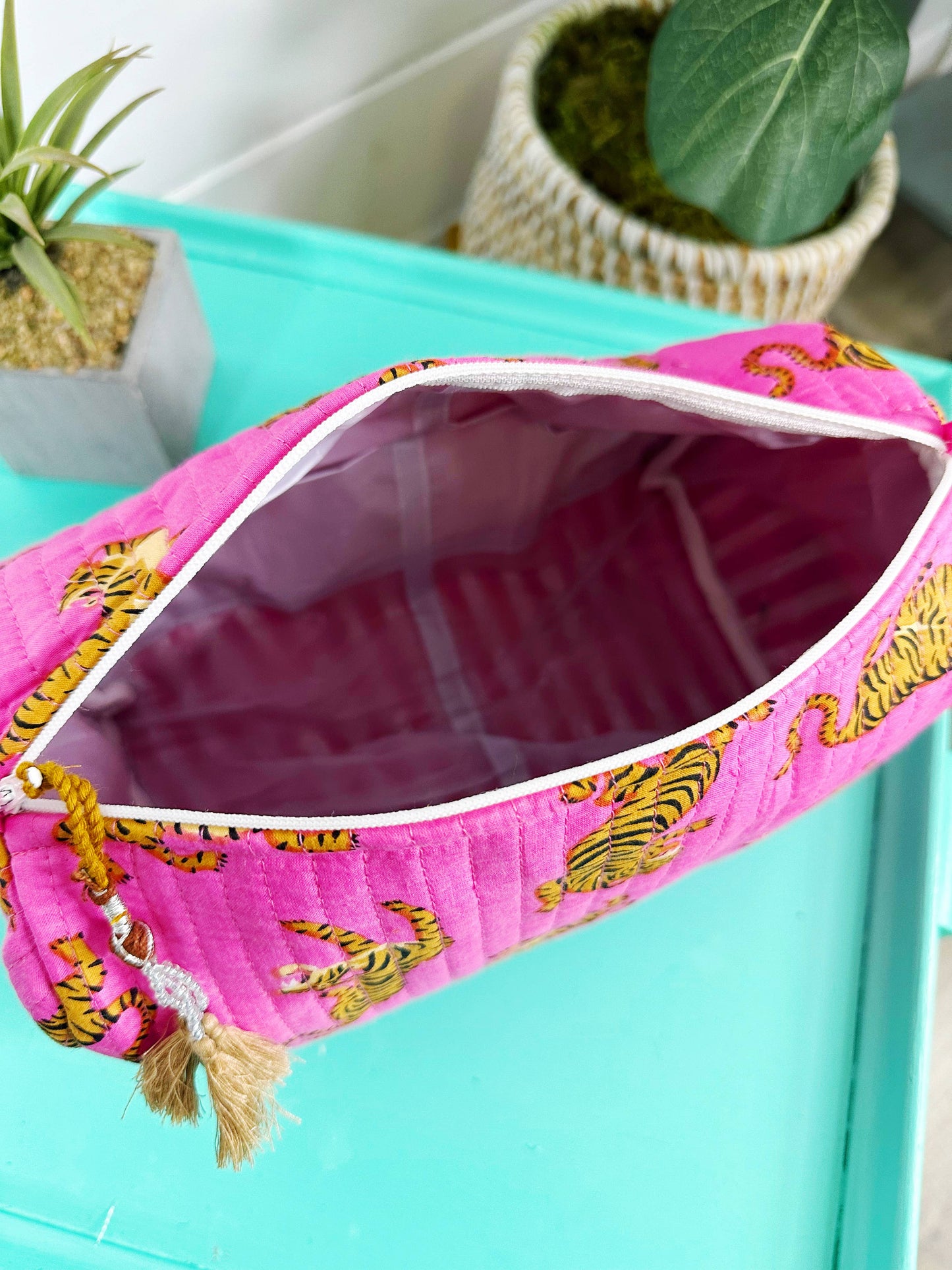 Quilted Pink Tiger Print Makeup Bag | Cosmetics Toiletry Bag