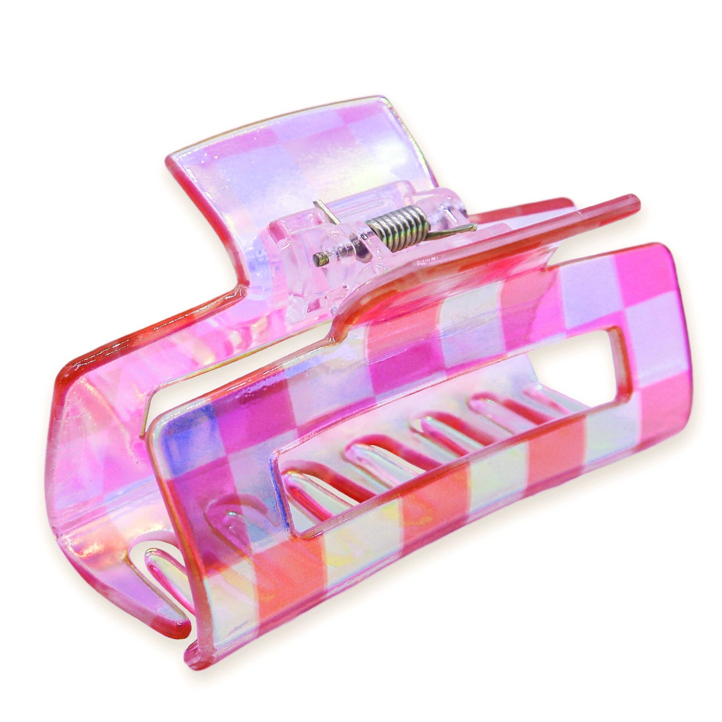 Medium Square Iridescent Checkered Hair Claw Clip: Black