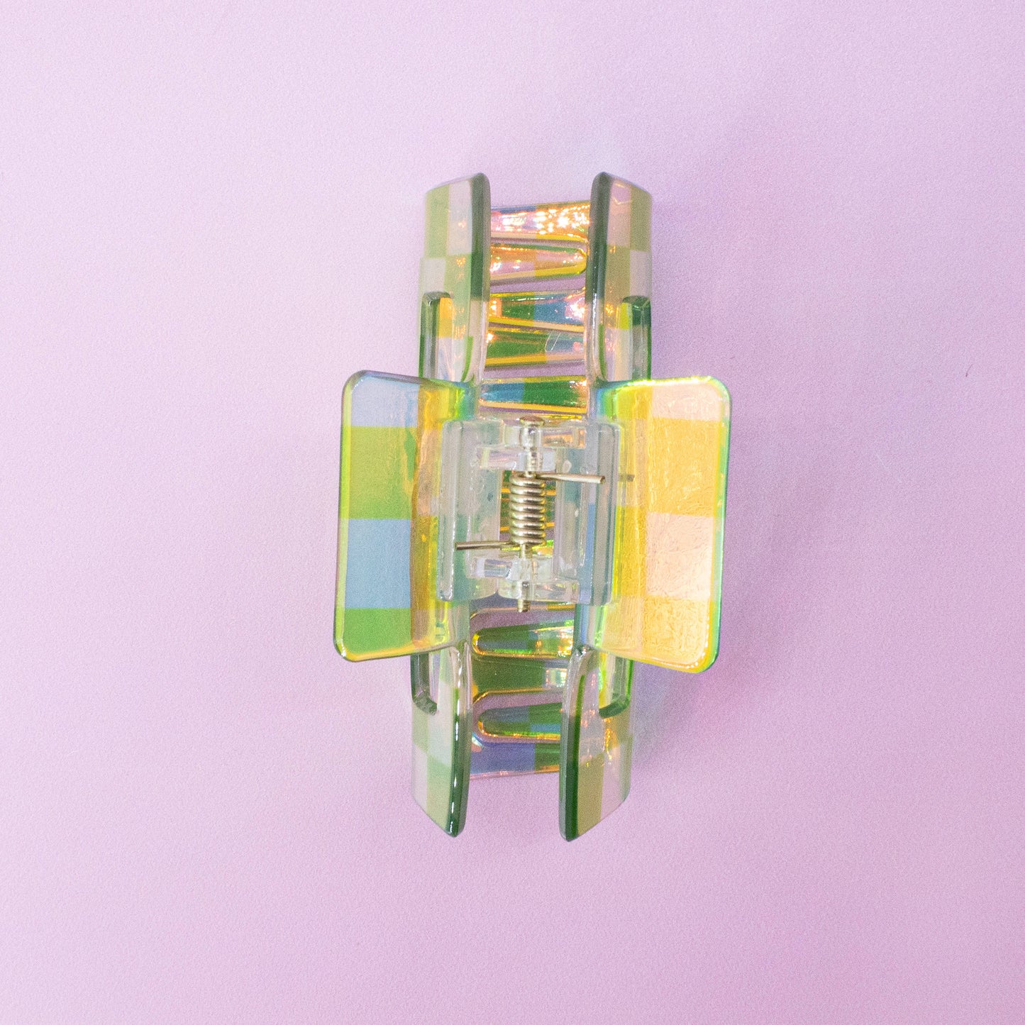 Medium Square Iridescent Checkered Hair Claw Clip: Black