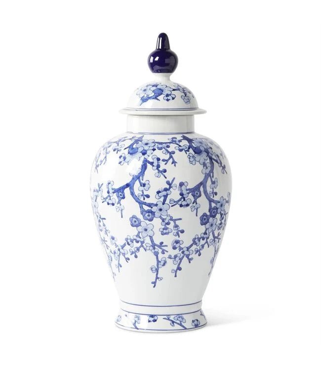 24 Inch Ceramic Blue & White Chinoiserie Lidded Ging - Bria Blair Creative