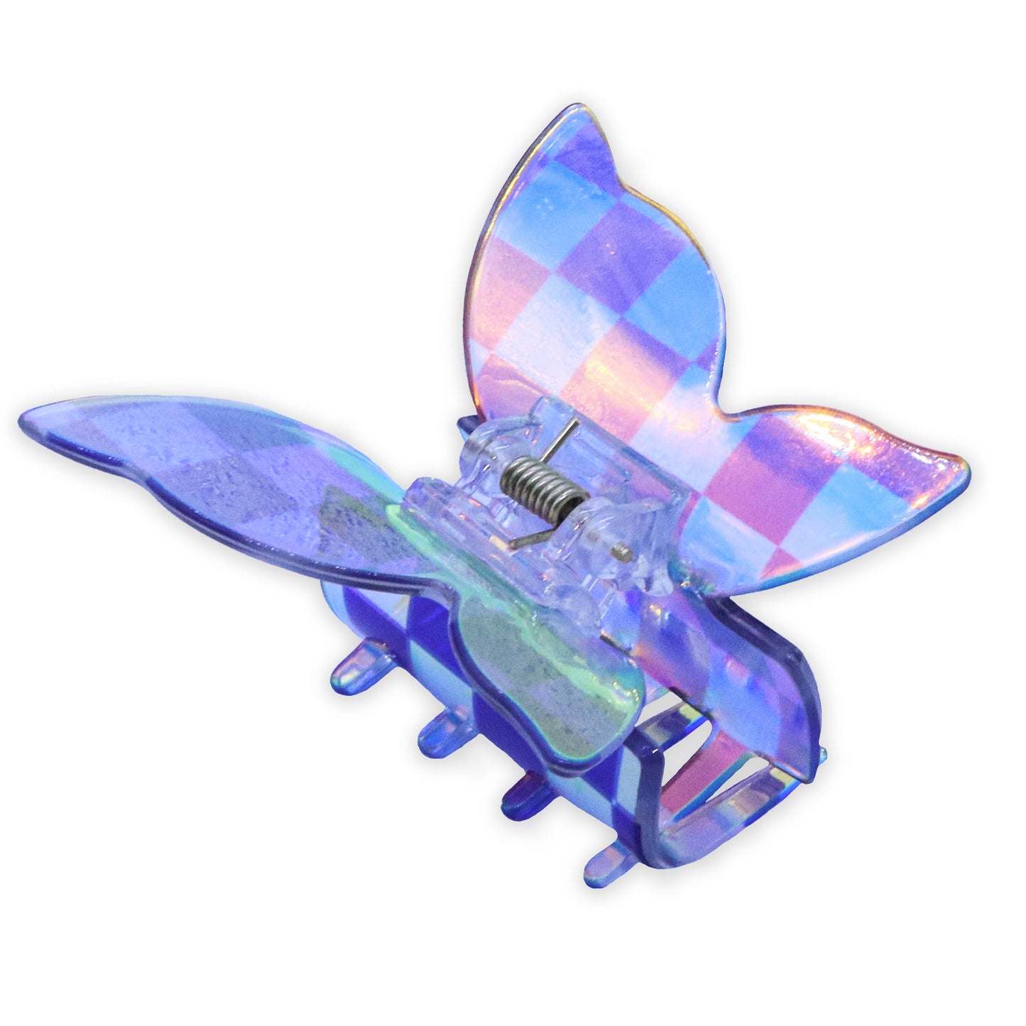 Medium Iridescent Checkered Butterfly Hair Claw Clip: Black