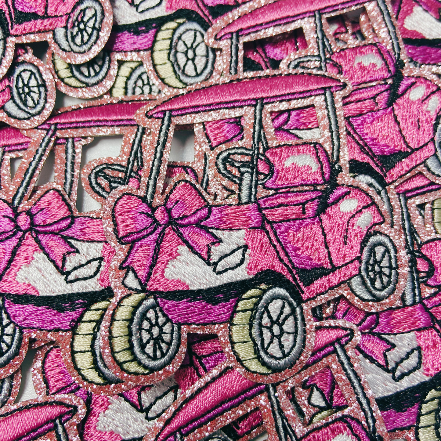 2.5” Golf Cart - Pink glittery - Embroidered Hat Patch: 4" Embroidered Patch - Bria Blair Creative