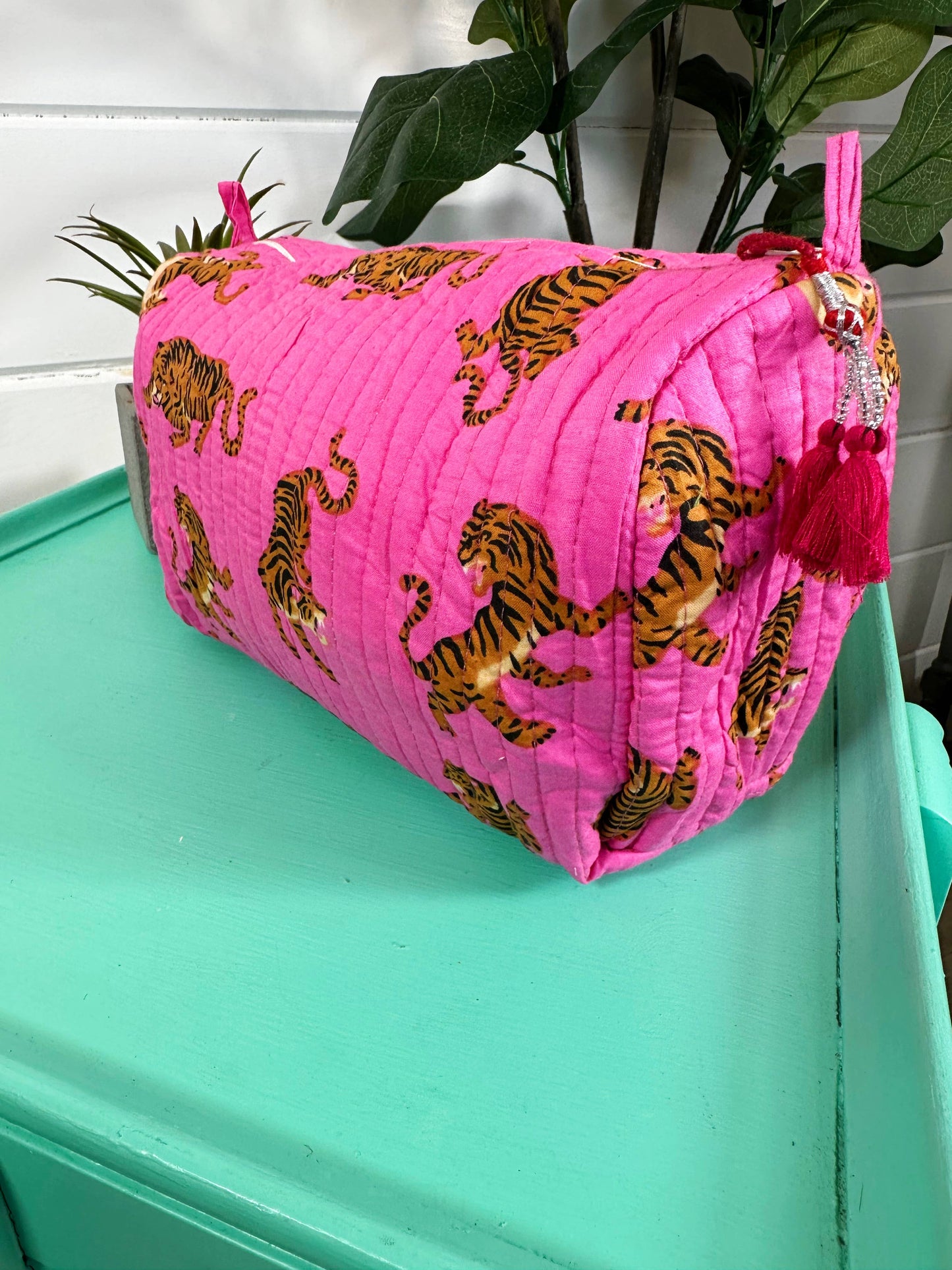 Quilted Pink Tiger Print Makeup Bag | Cosmetics Toiletry Bag