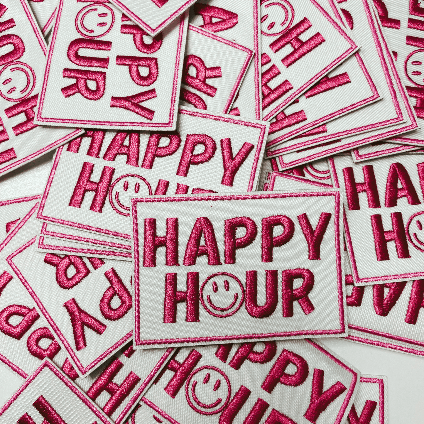 3" Happy Hour w Smiley face - Embroidered Hat Patch: QTY 1 - Bria Blair Creative