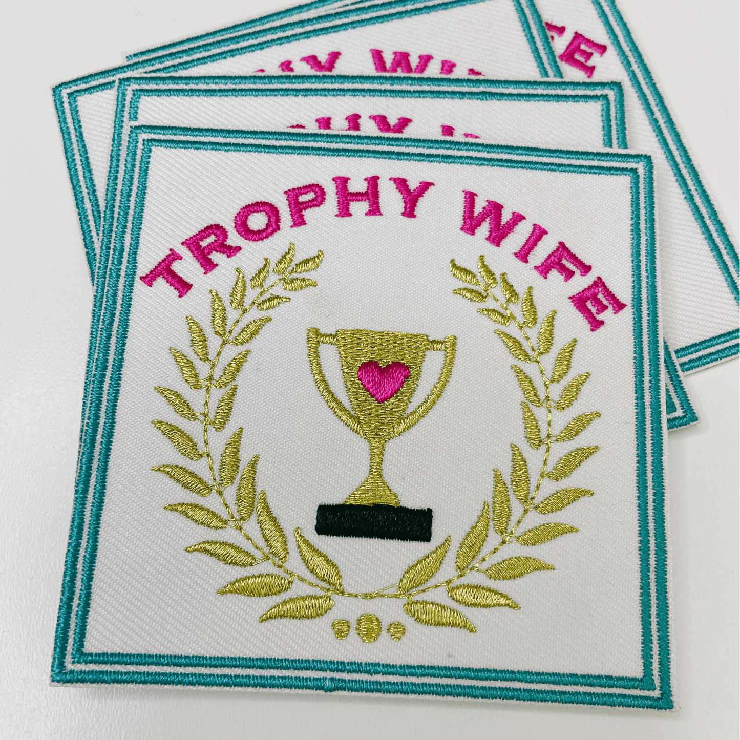3" Trophy Wife with gold metallic detail - Embroidered Hat Patch: QTY 1 - Bria Blair Creative