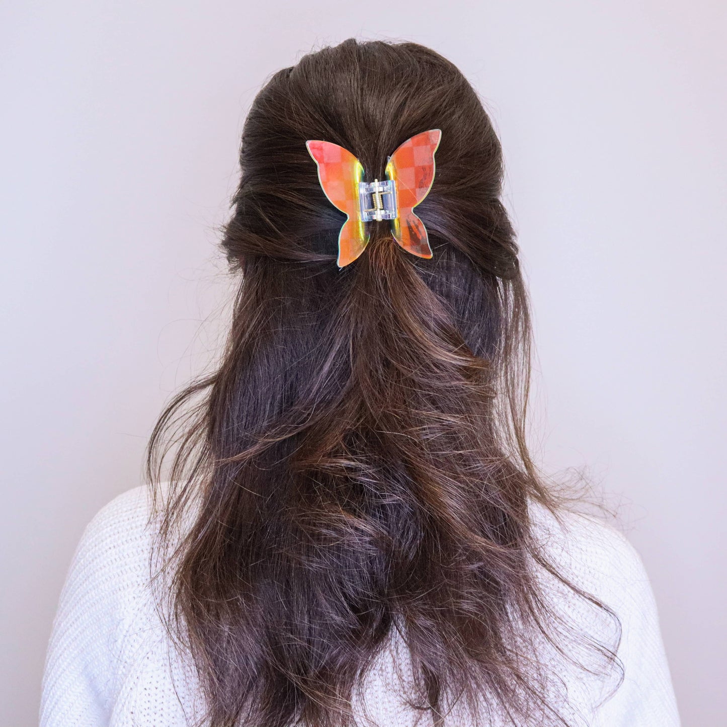 Medium Iridescent Checkered Butterfly Hair Claw Clip: Black