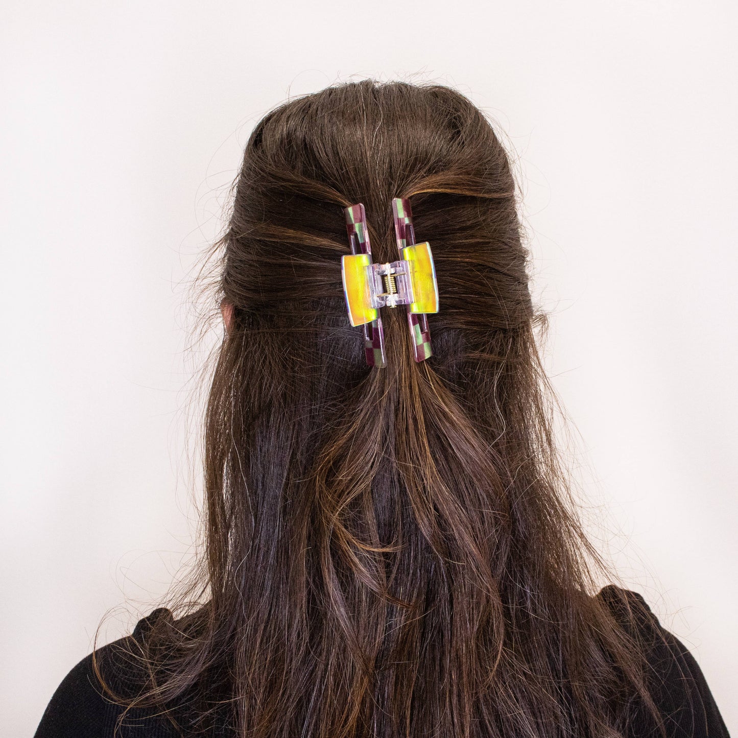 Medium Square Iridescent Checkered Hair Claw Clip: Black