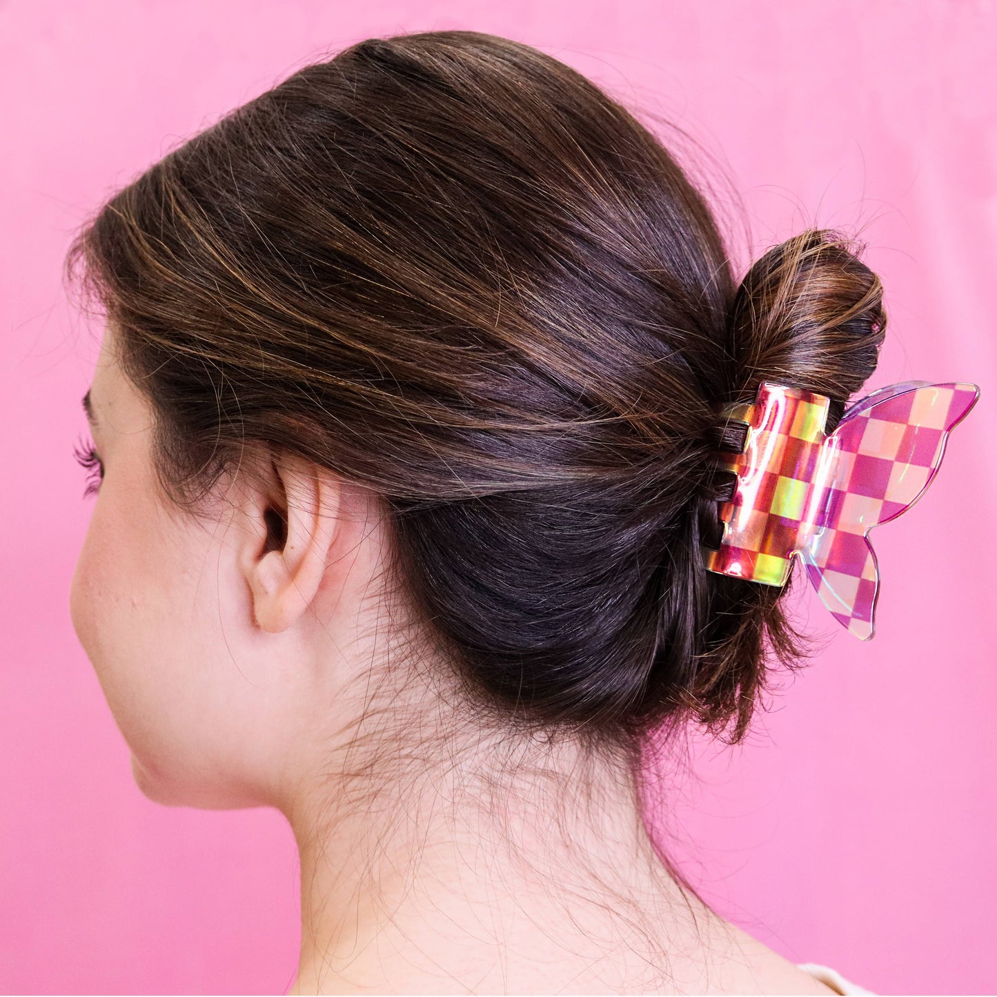 Medium Iridescent Checkered Butterfly Hair Claw Clip: Black