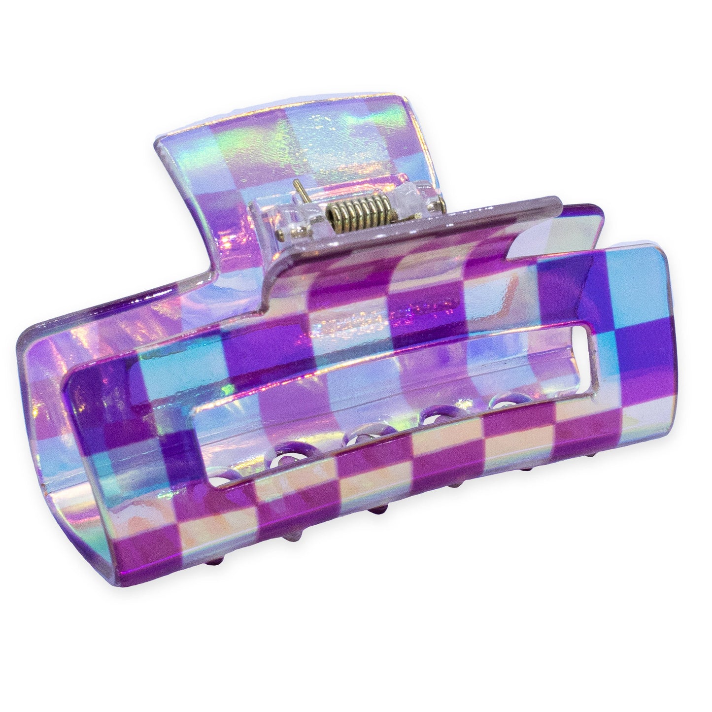Medium Square Iridescent Checkered Hair Claw Clip: Black