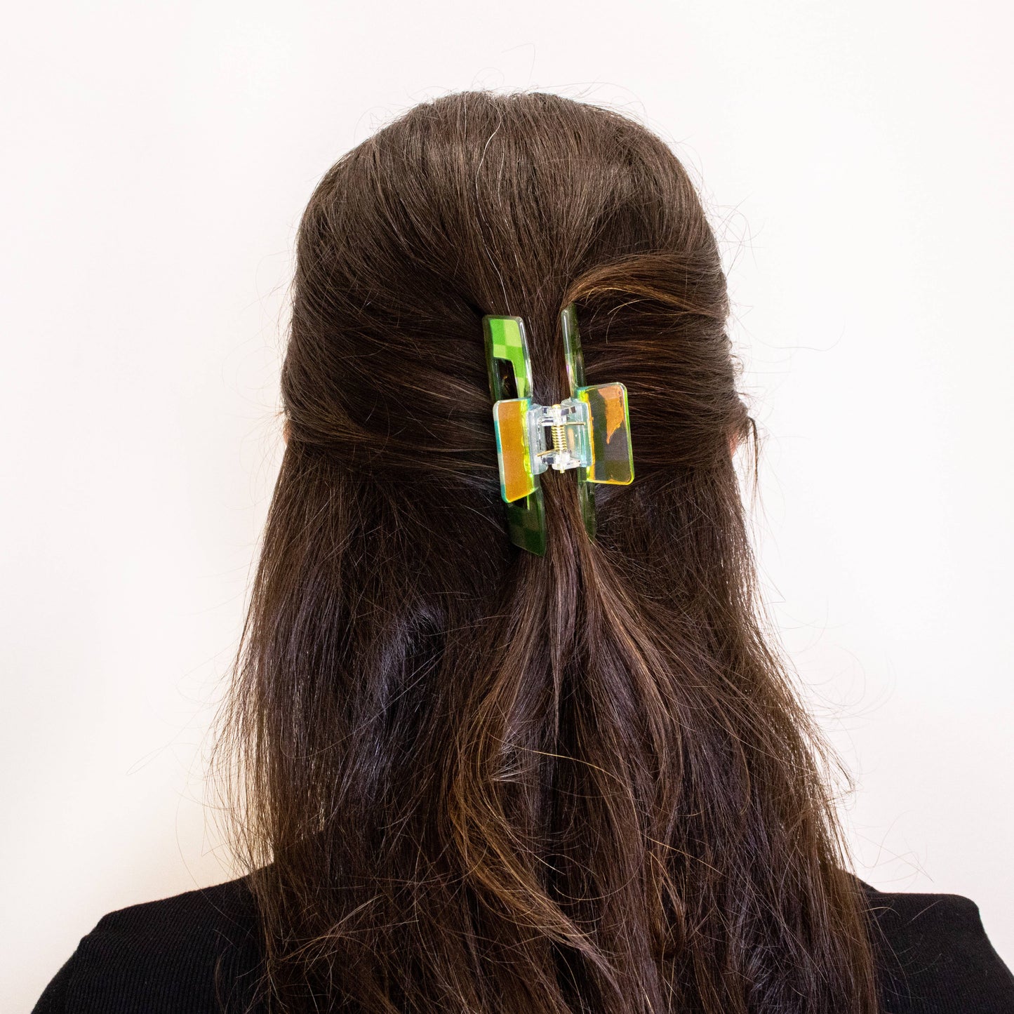 Medium Square Iridescent Checkered Hair Claw Clip: Black
