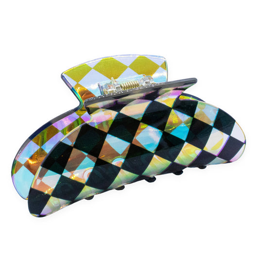 Medium Round Iridescent Checkered Hair Claw Clip: Black
