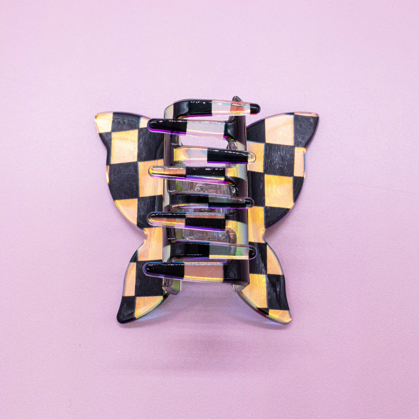 Medium Iridescent Checkered Butterfly Hair Claw Clip: Black