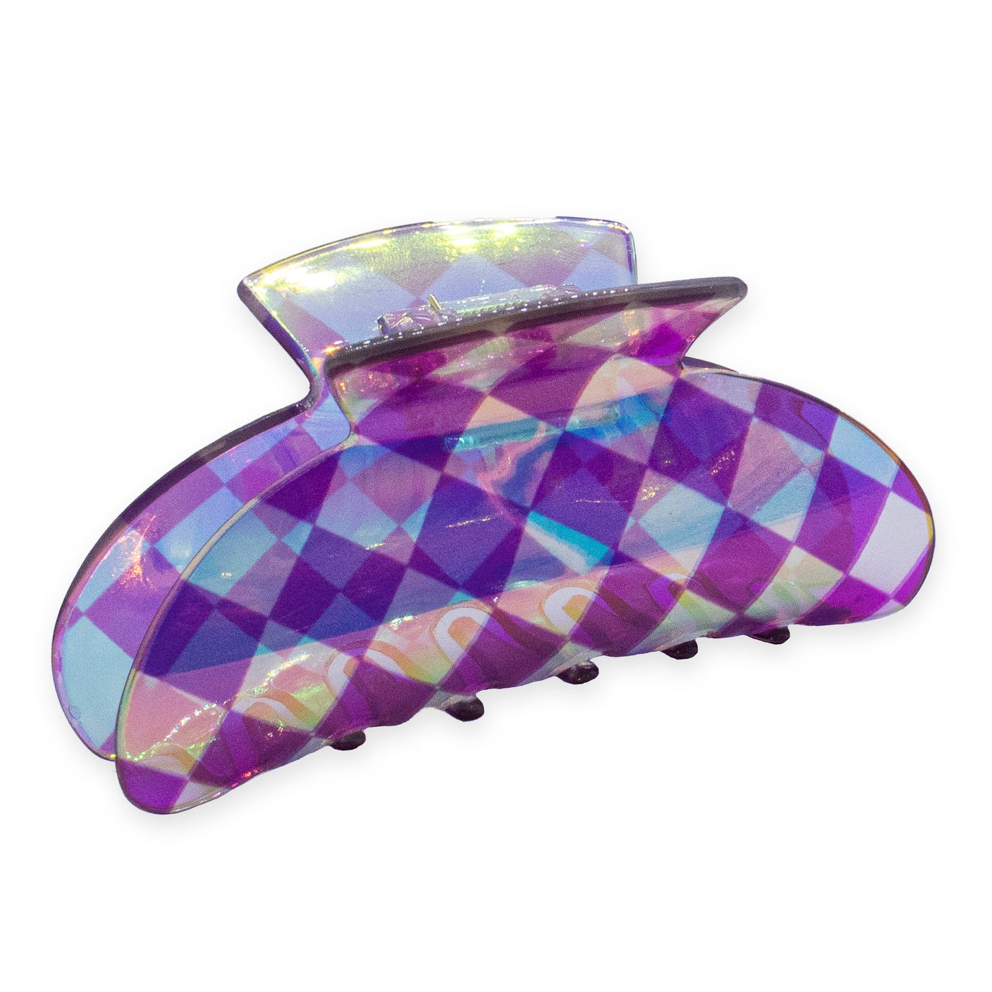 Medium Round Iridescent Checkered Hair Claw Clip: Black