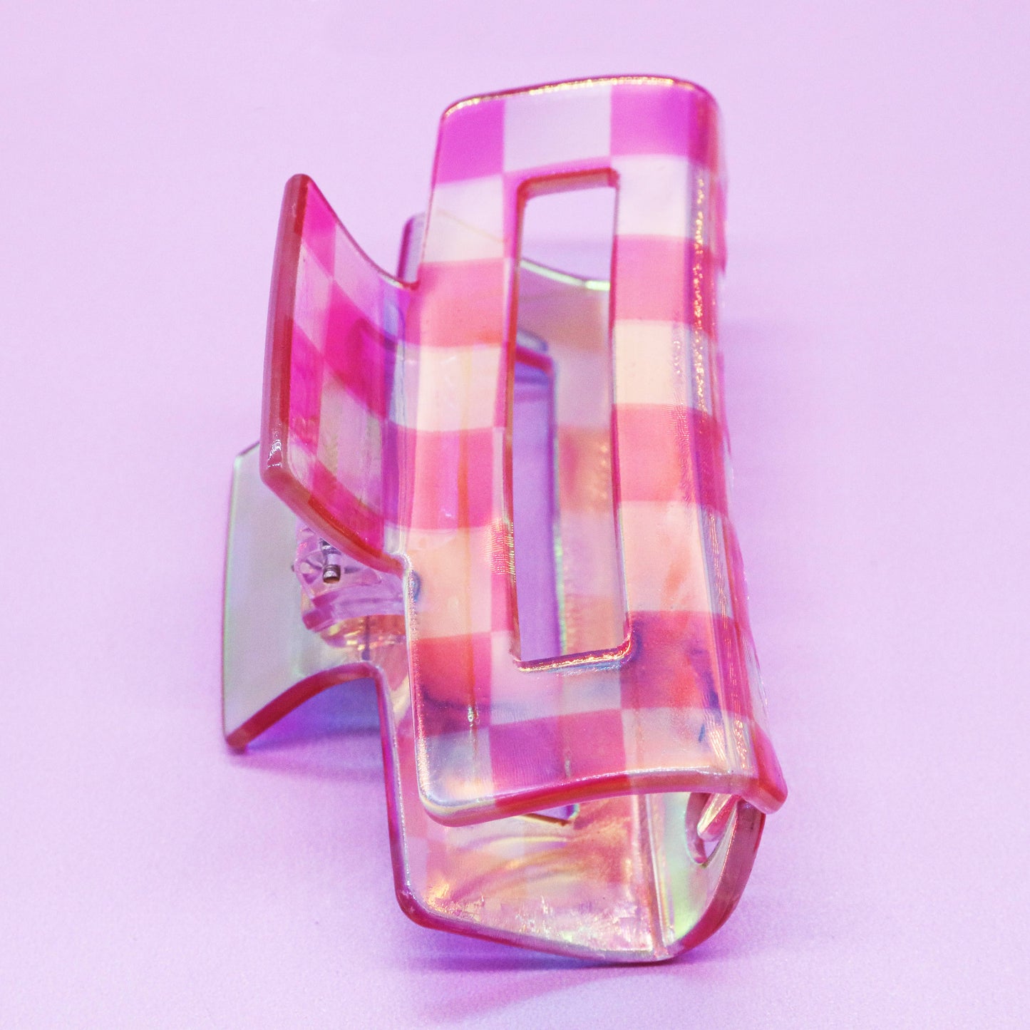 Medium Square Iridescent Checkered Hair Claw Clip: Black