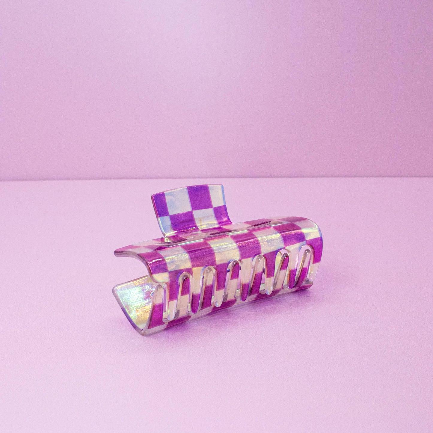 Medium Square Iridescent Checkered Hair Claw Clip: Black