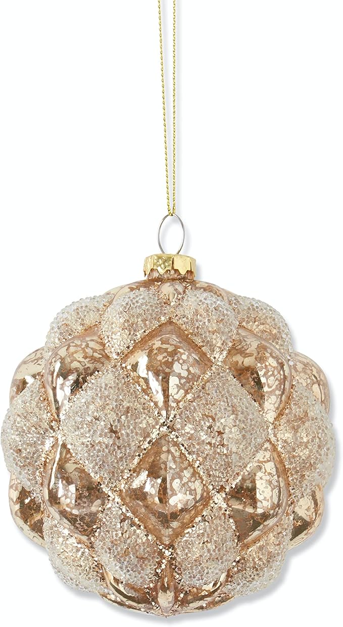 4.5" Beaded Gold Mercury Glass Round Hobnail Ornament