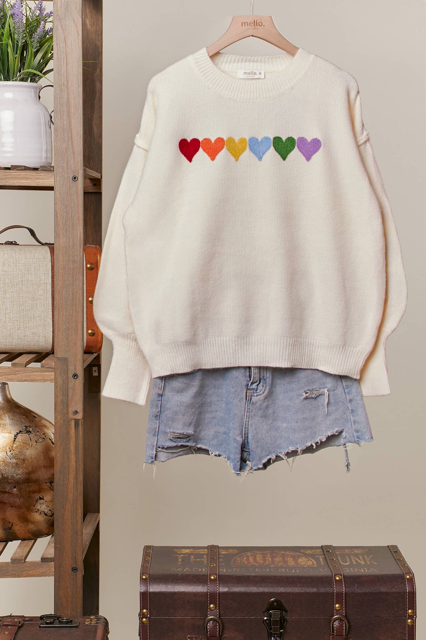 Rainbow Heart Shaped Patch Sweater: Ivory Multi / S