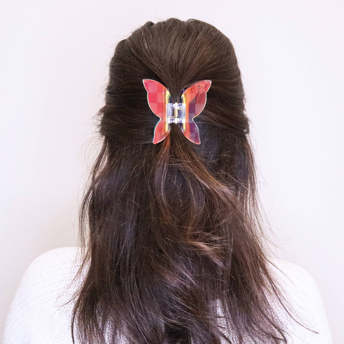 Medium Iridescent Checkered Butterfly Hair Claw Clip: Black
