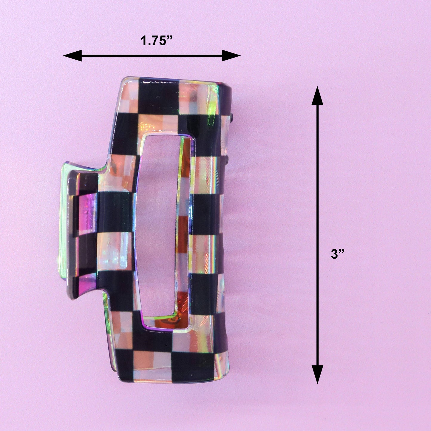 Medium Square Iridescent Checkered Hair Claw Clip: Black