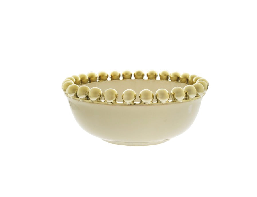 Stoneware Serving Bowl with Gold Electroplated Ball Rim, White