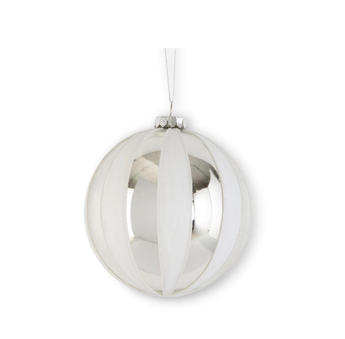 4.75 INCH WHITE & SILVER ROUND STRIPED GLASS ORNAMENT