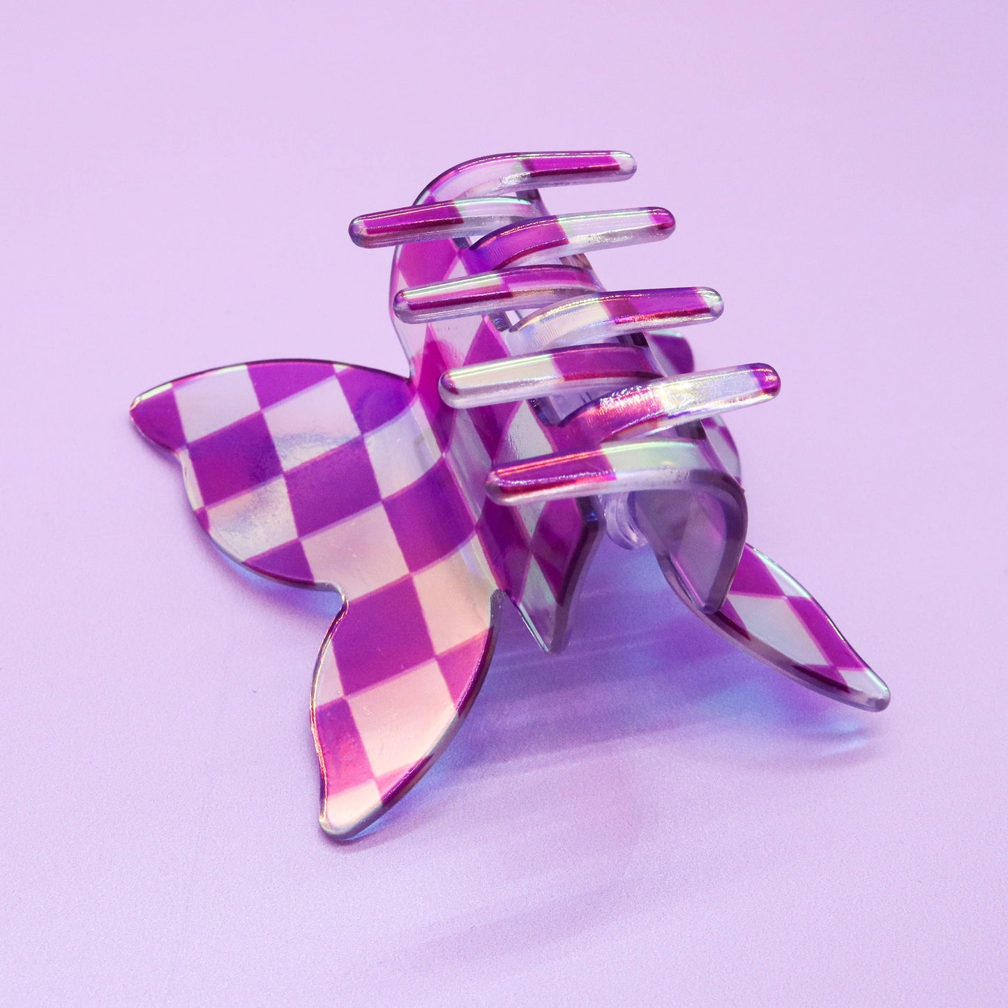 Medium Iridescent Checkered Butterfly Hair Claw Clip: Black