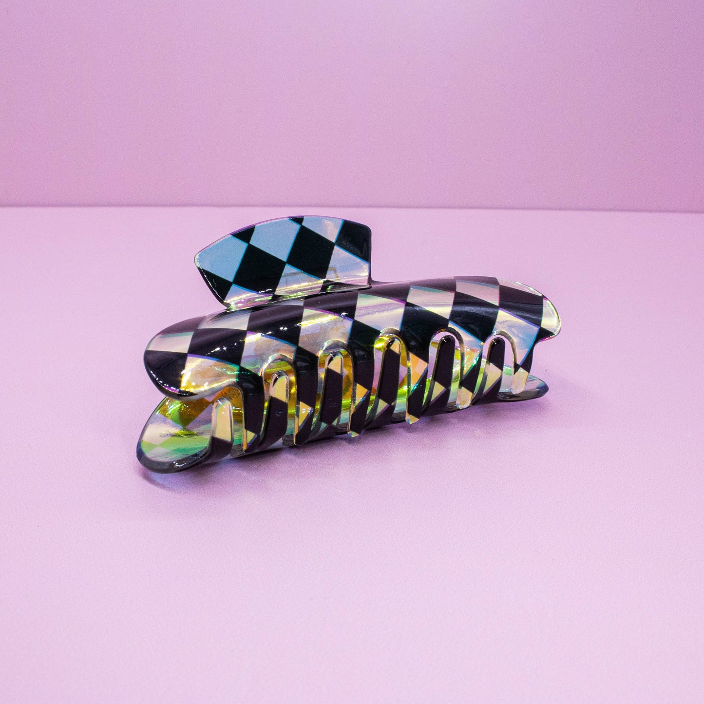 Medium Round Iridescent Checkered Hair Claw Clip: Black