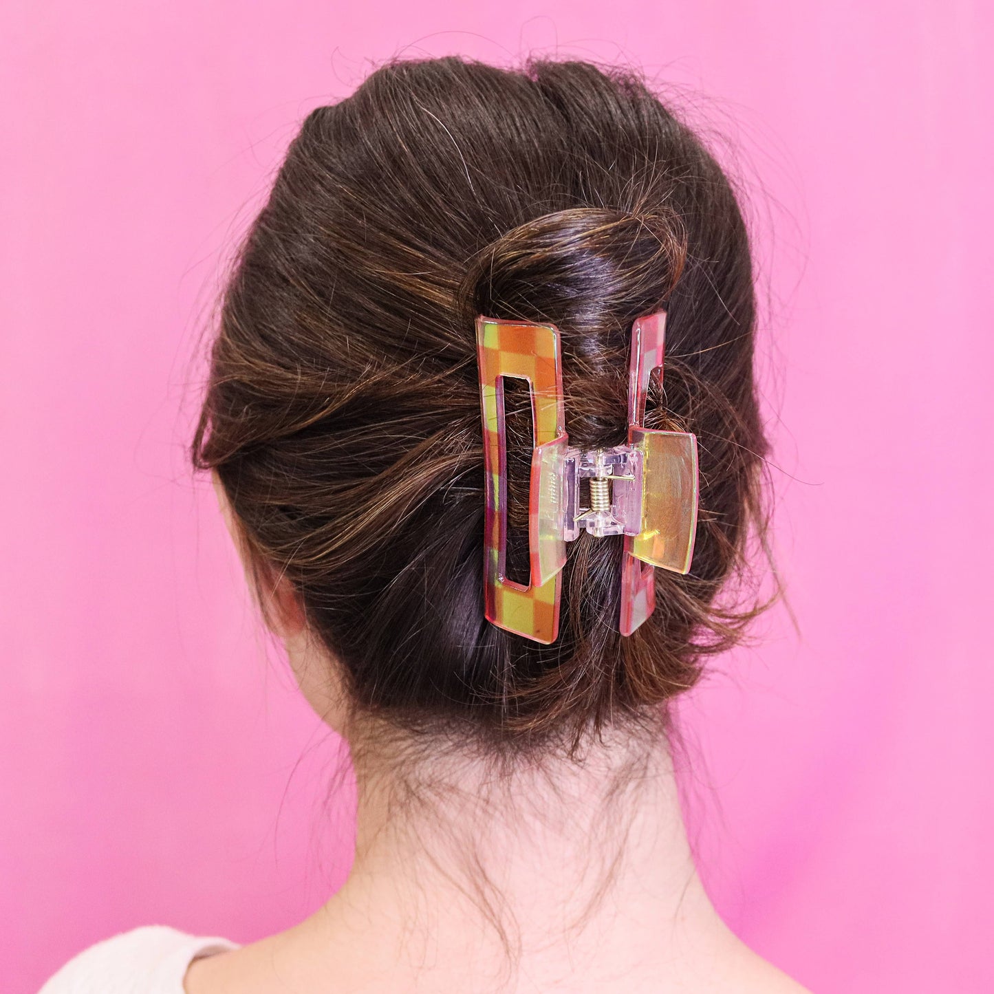 Medium Square Iridescent Checkered Hair Claw Clip: Black