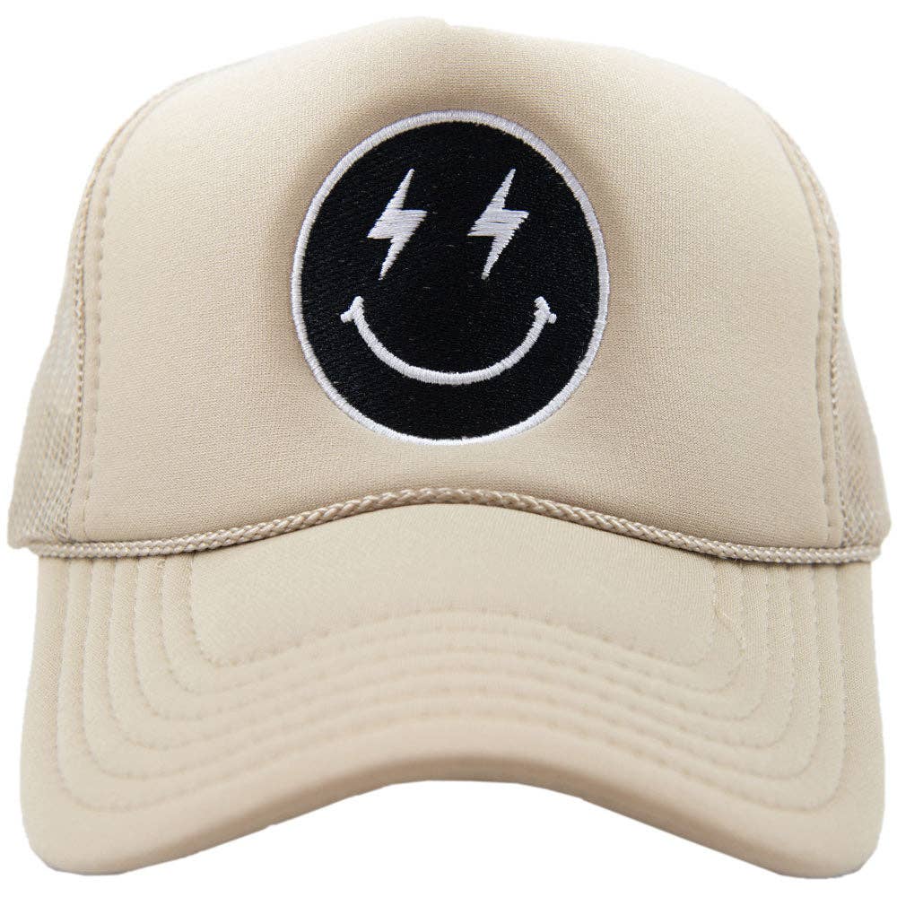 Black Lightning Happy Face Foam Trucker Hat (Khaki): Khaki - Bria Blair Creative