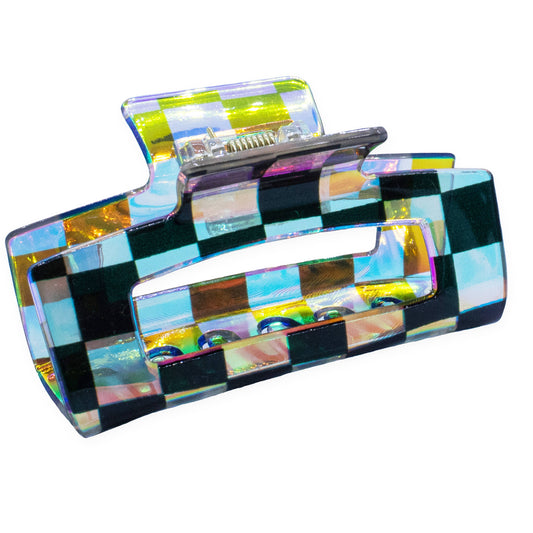 Medium Square Iridescent Checkered Hair Claw Clip: Black