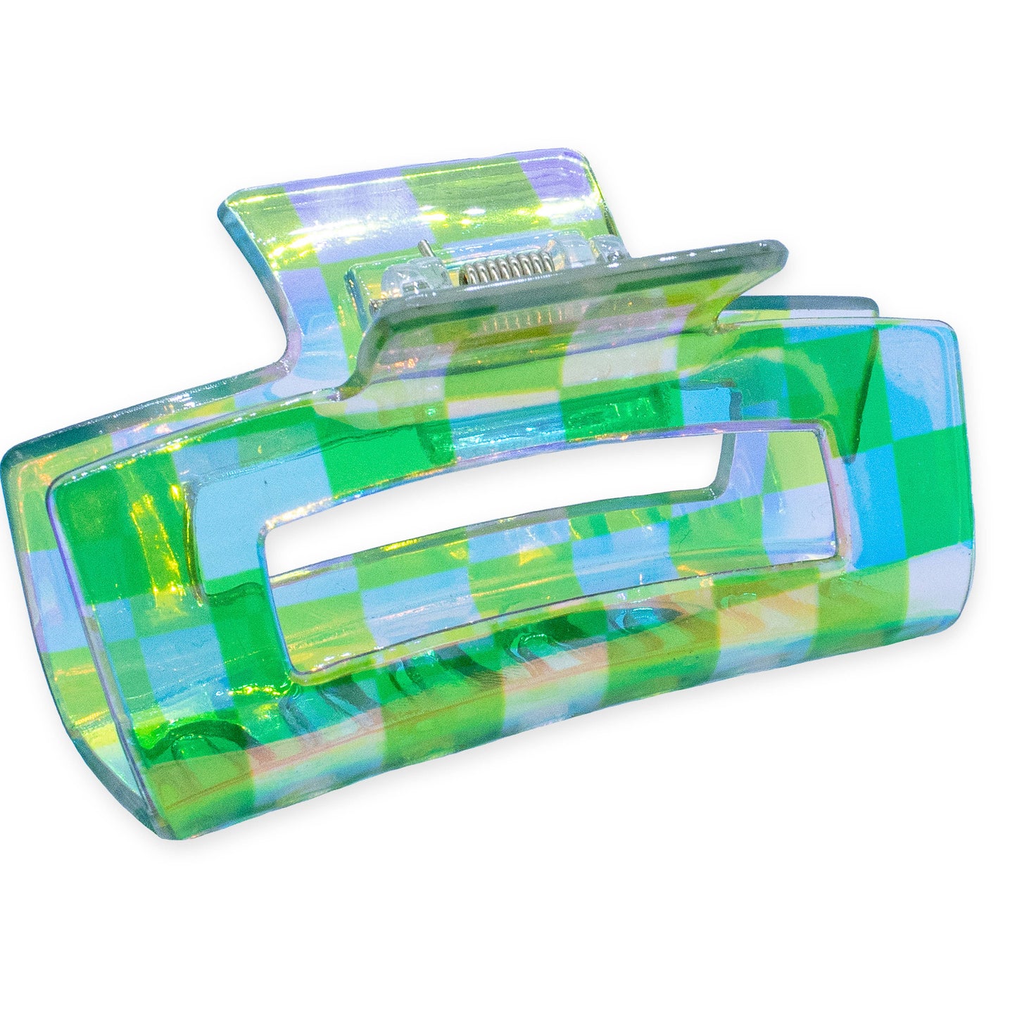 Medium Square Iridescent Checkered Hair Claw Clip: Black