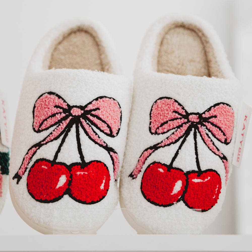 Cherry Bow Fuzzy Slippers For Women: White / S/M - Bria Blair Creative