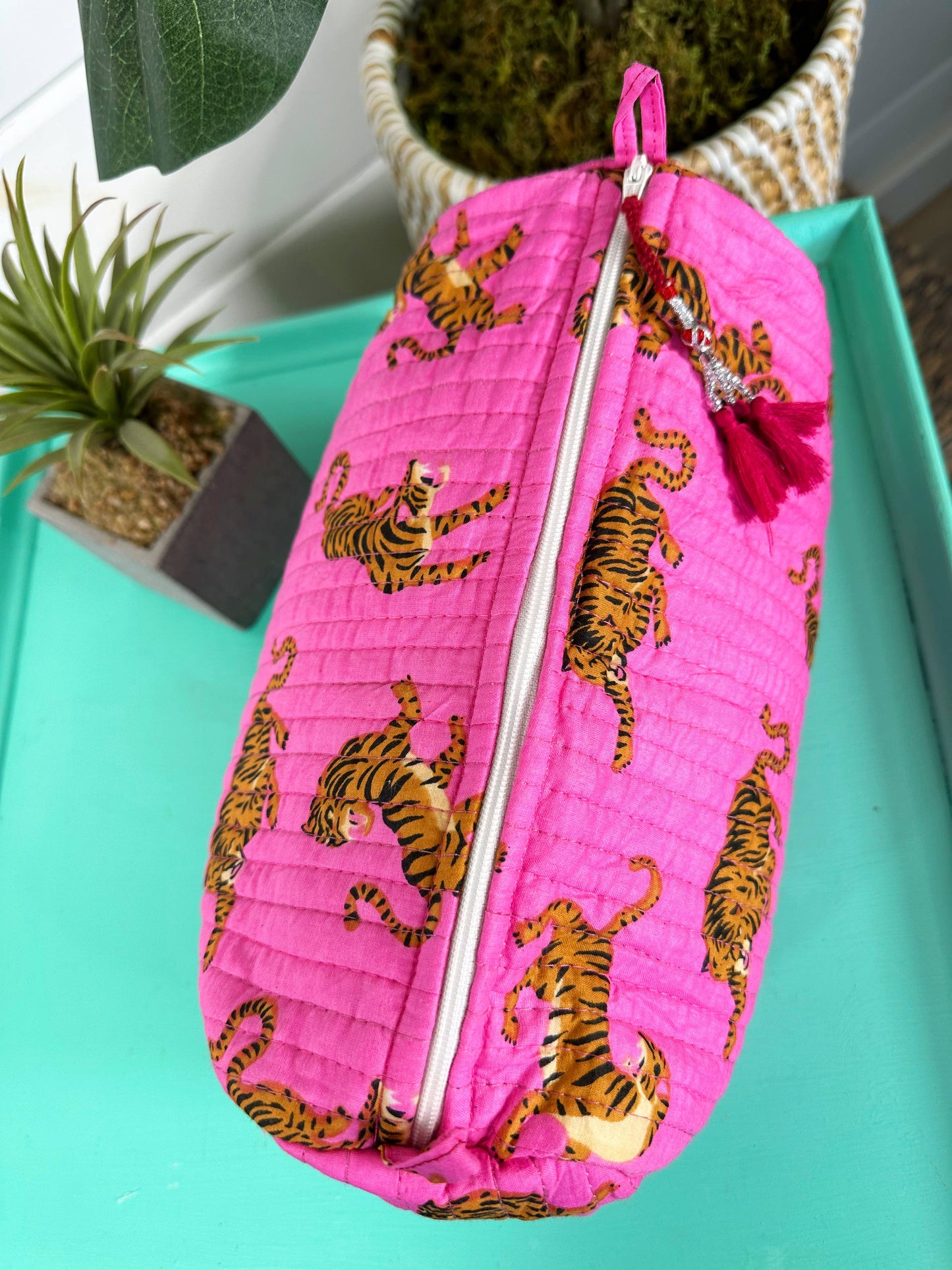 Quilted Pink Tiger Print Makeup Bag | Cosmetics Toiletry Bag