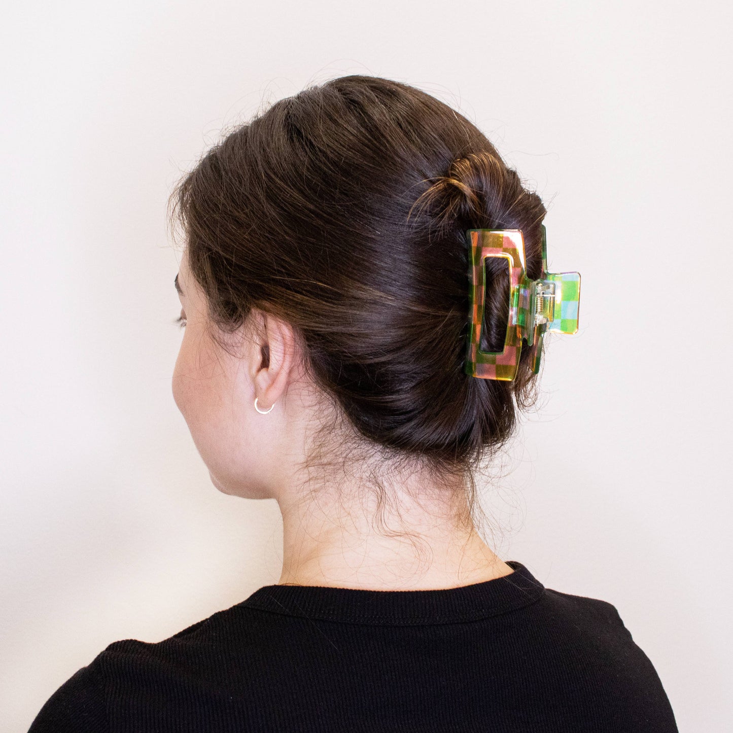 Medium Square Iridescent Checkered Hair Claw Clip: Black