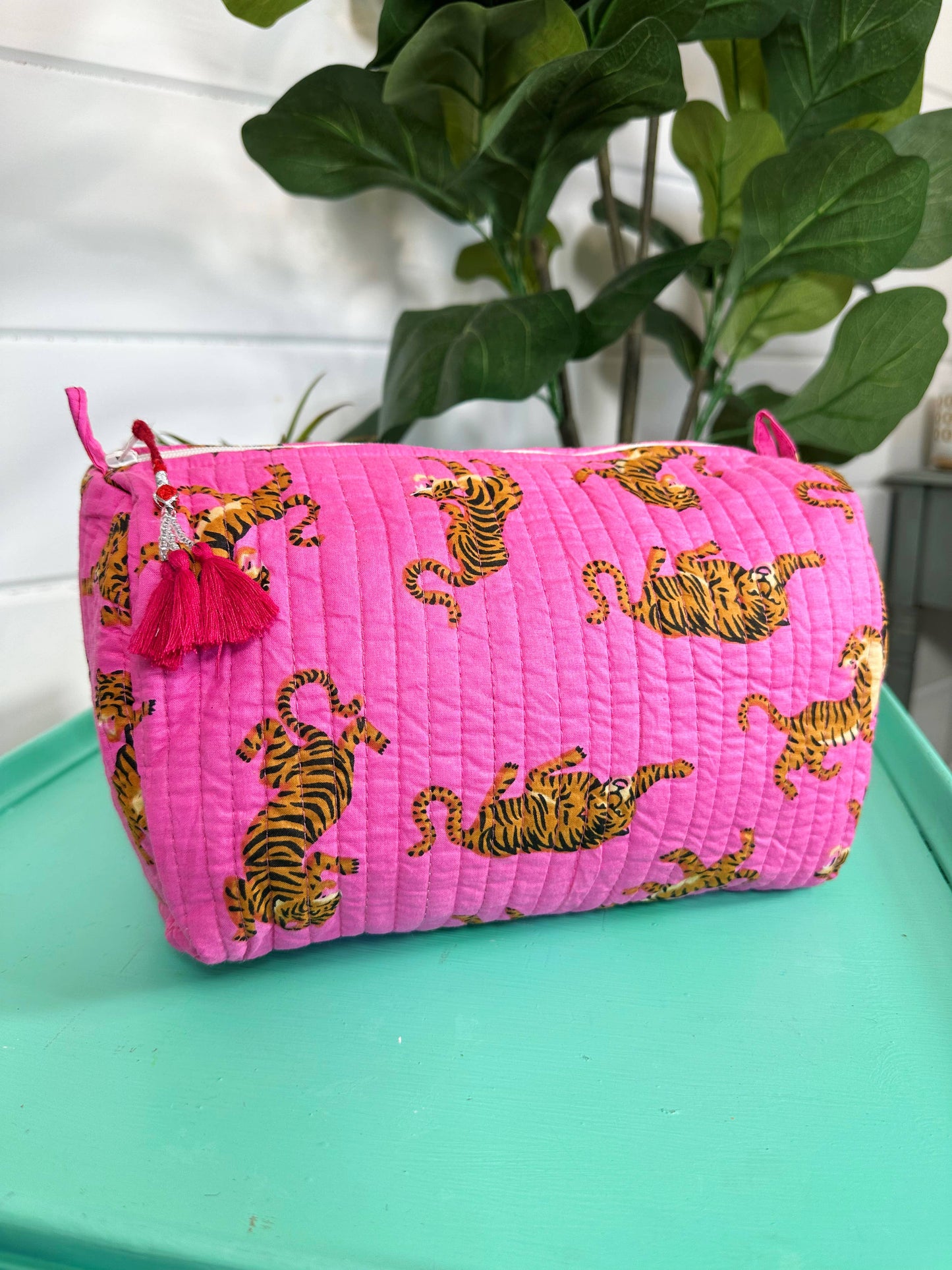 Quilted Pink Tiger Print Makeup Bag | Cosmetics Toiletry Bag