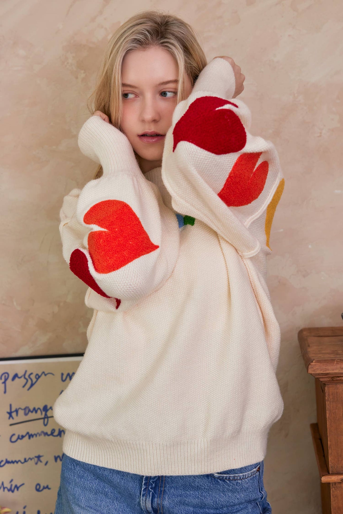 Rainbow Heart Shaped Patch Sweater: Ivory Multi / L