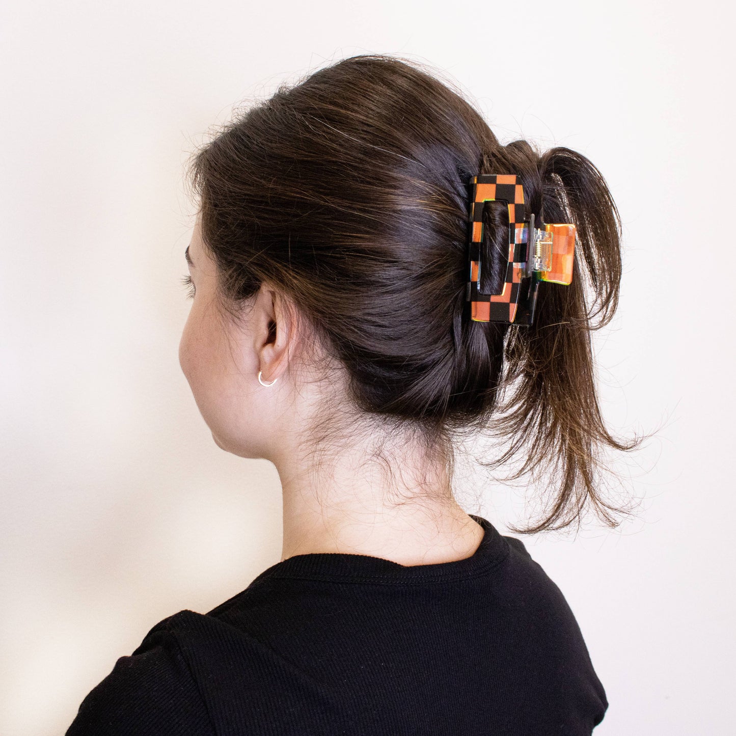 Medium Square Iridescent Checkered Hair Claw Clip: Black