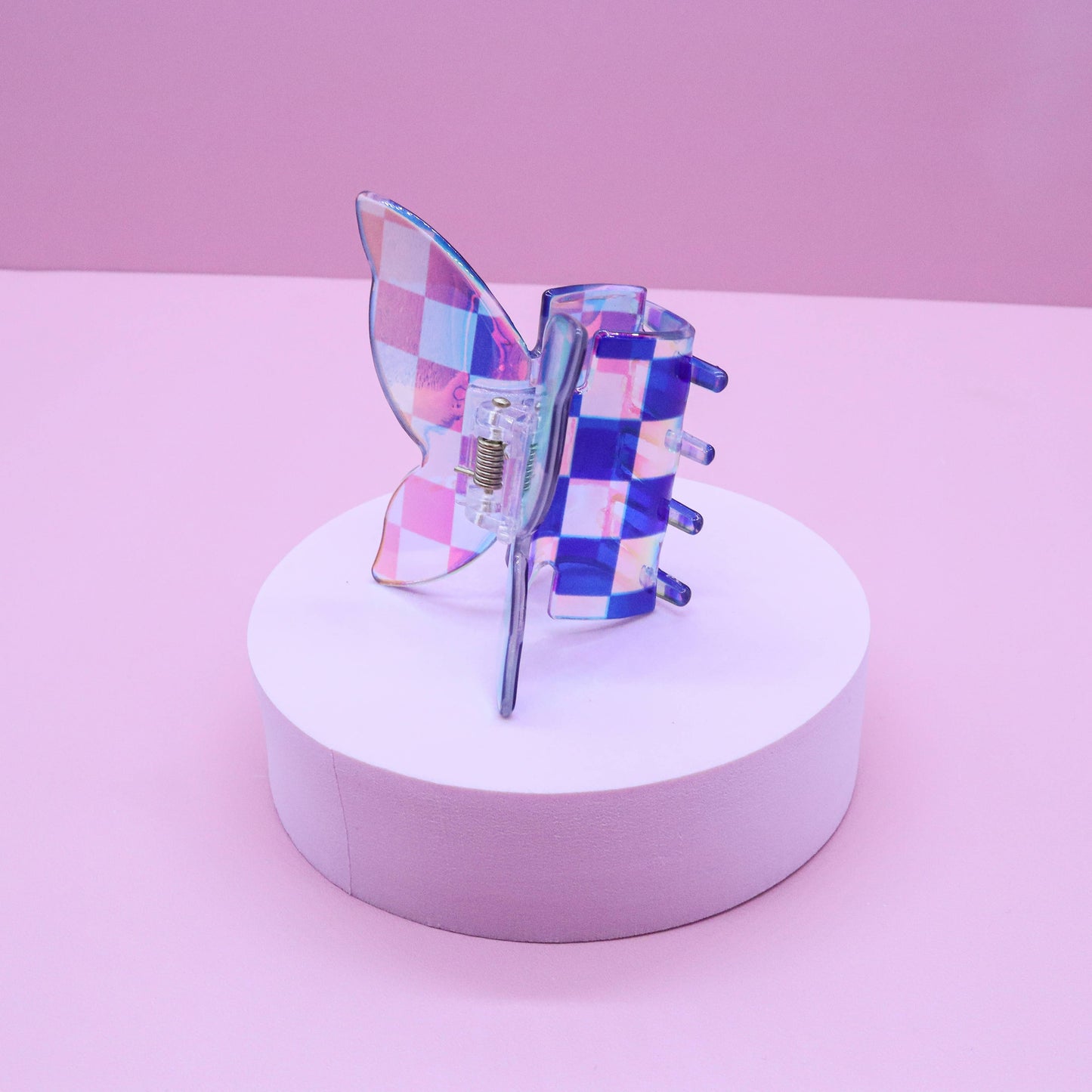 Medium Iridescent Checkered Butterfly Hair Claw Clip: Black