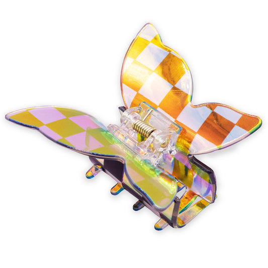 Medium Iridescent Checkered Butterfly Hair Claw Clip: Black
