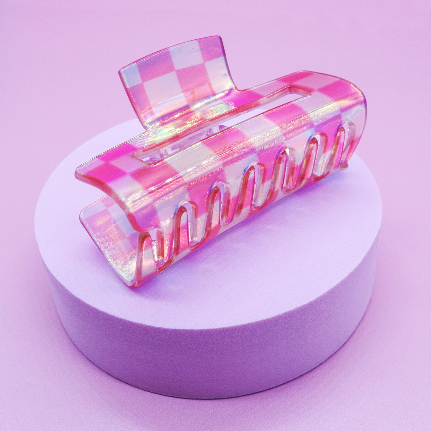 Medium Square Iridescent Checkered Hair Claw Clip: Black