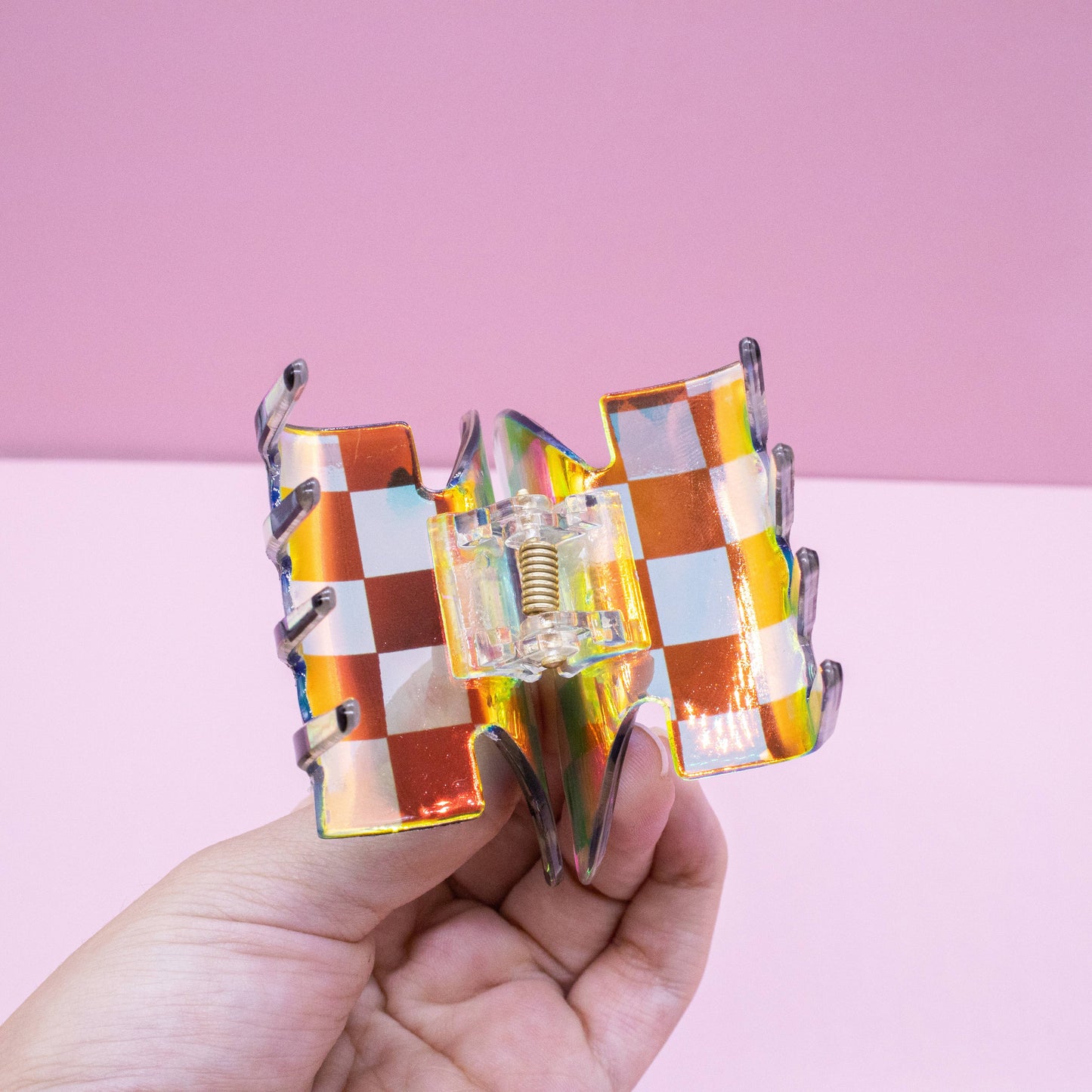 Medium Iridescent Checkered Butterfly Hair Claw Clip: Black