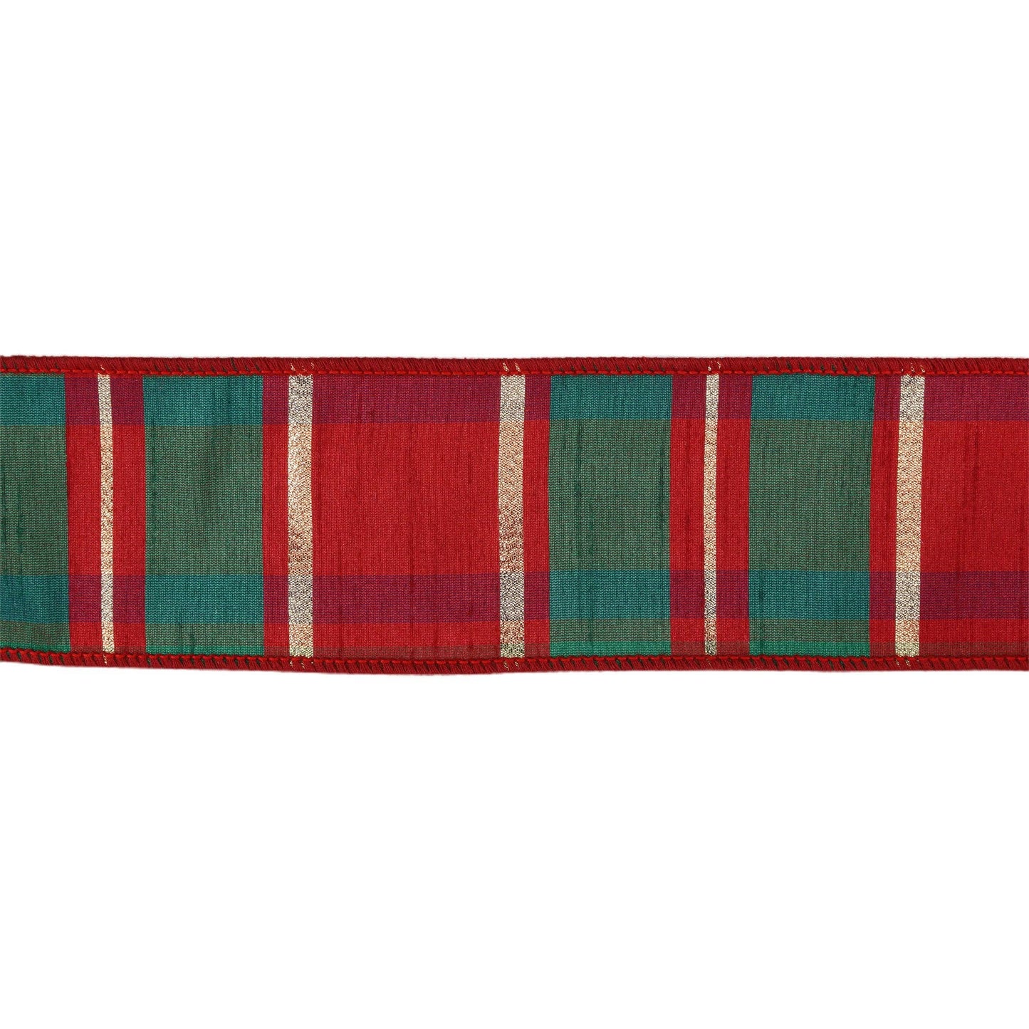 Wired Dupioni Ribbon Red/Green/Gold Plaid Check 10 Yard Roll