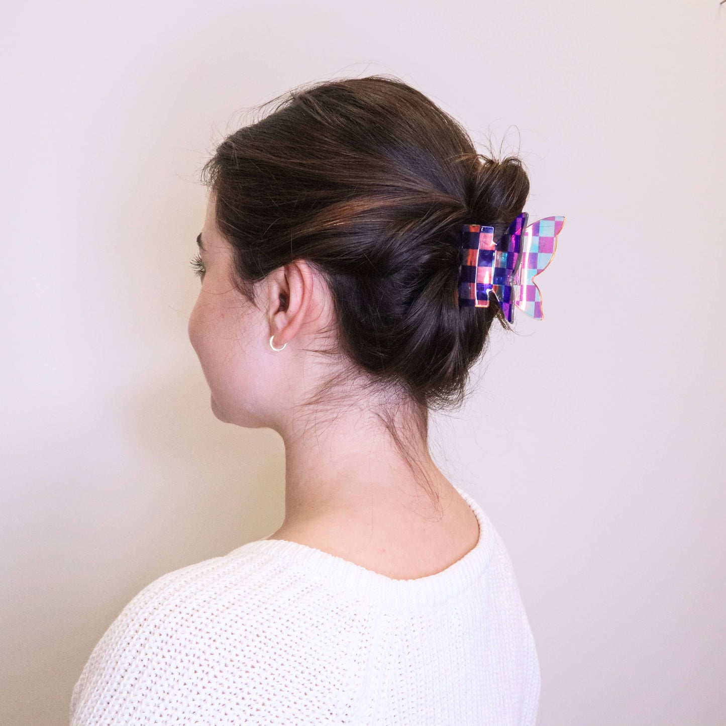 Medium Iridescent Checkered Butterfly Hair Claw Clip: Black