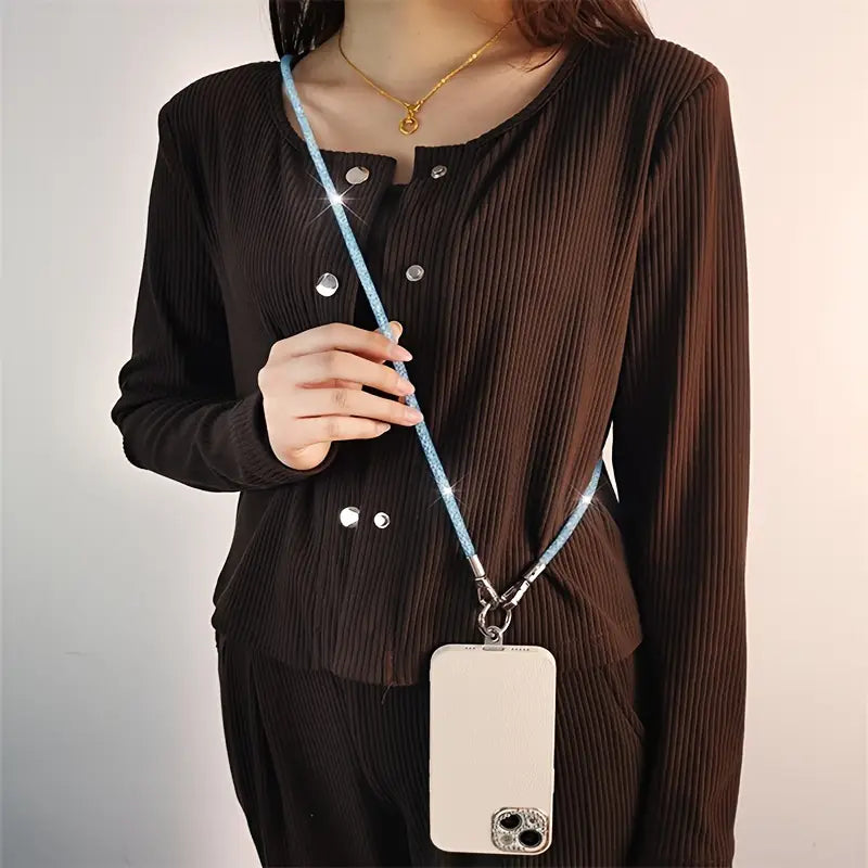 Multifunctional Crossbody Rhinestone Rope Lanyard - Silver and Black