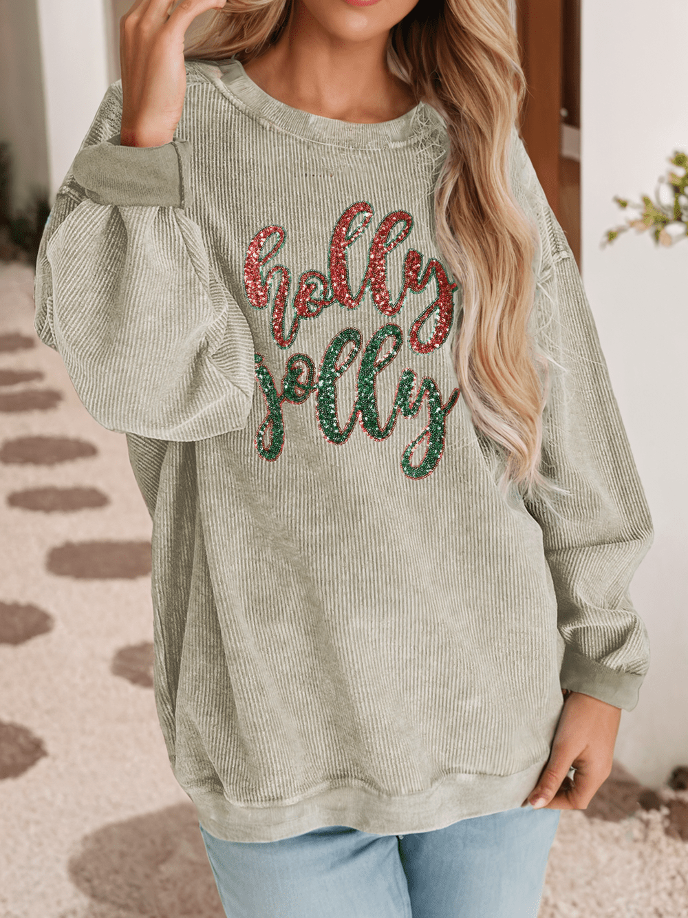 Large - Sequined holly jolly Graphic Corded Sweatshirt - Bria Blair Creative