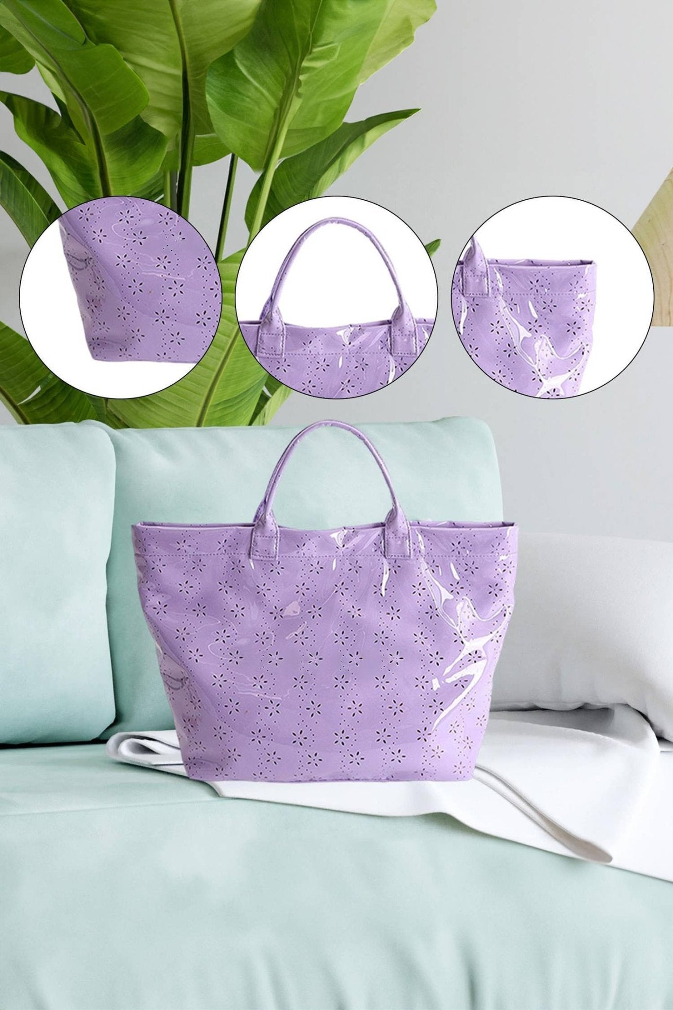 LDC Eyelet Flower Pattern PVC Glossy Waterproof Tote Bag: Color black / One Size - Bria Blair Creative