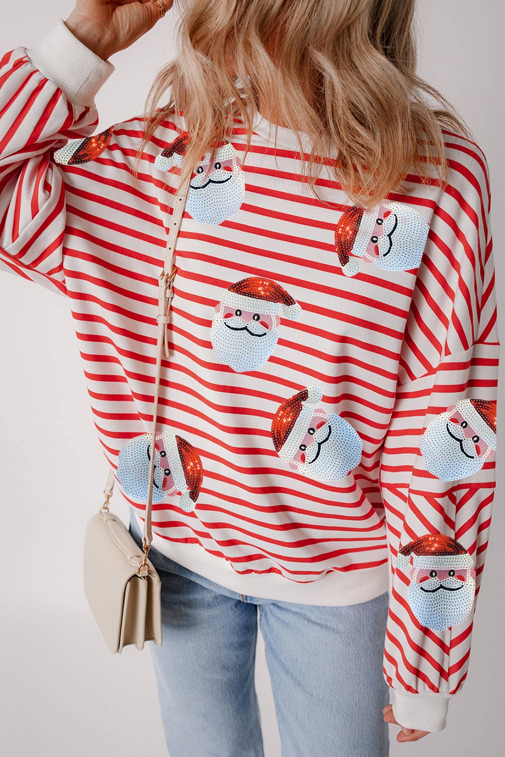 LDC Striped Sequin Santa Claus Christmas Pullover Sweatshirt: Orange Stripe / S - Bria Blair Creative