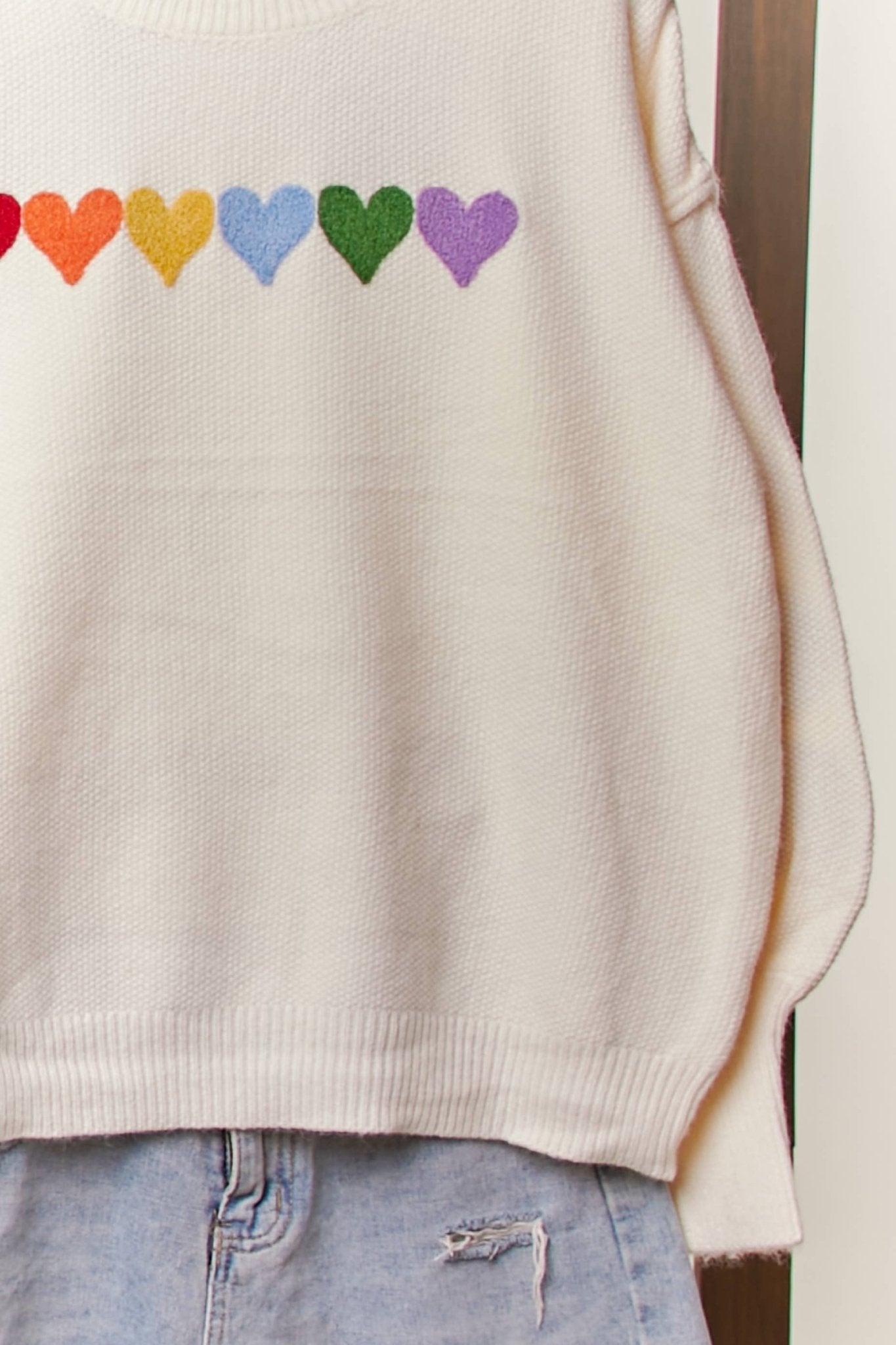 Rainbow Heart Shaped Patch Sweater: Ivory Multi / M - Bria Blair Creative