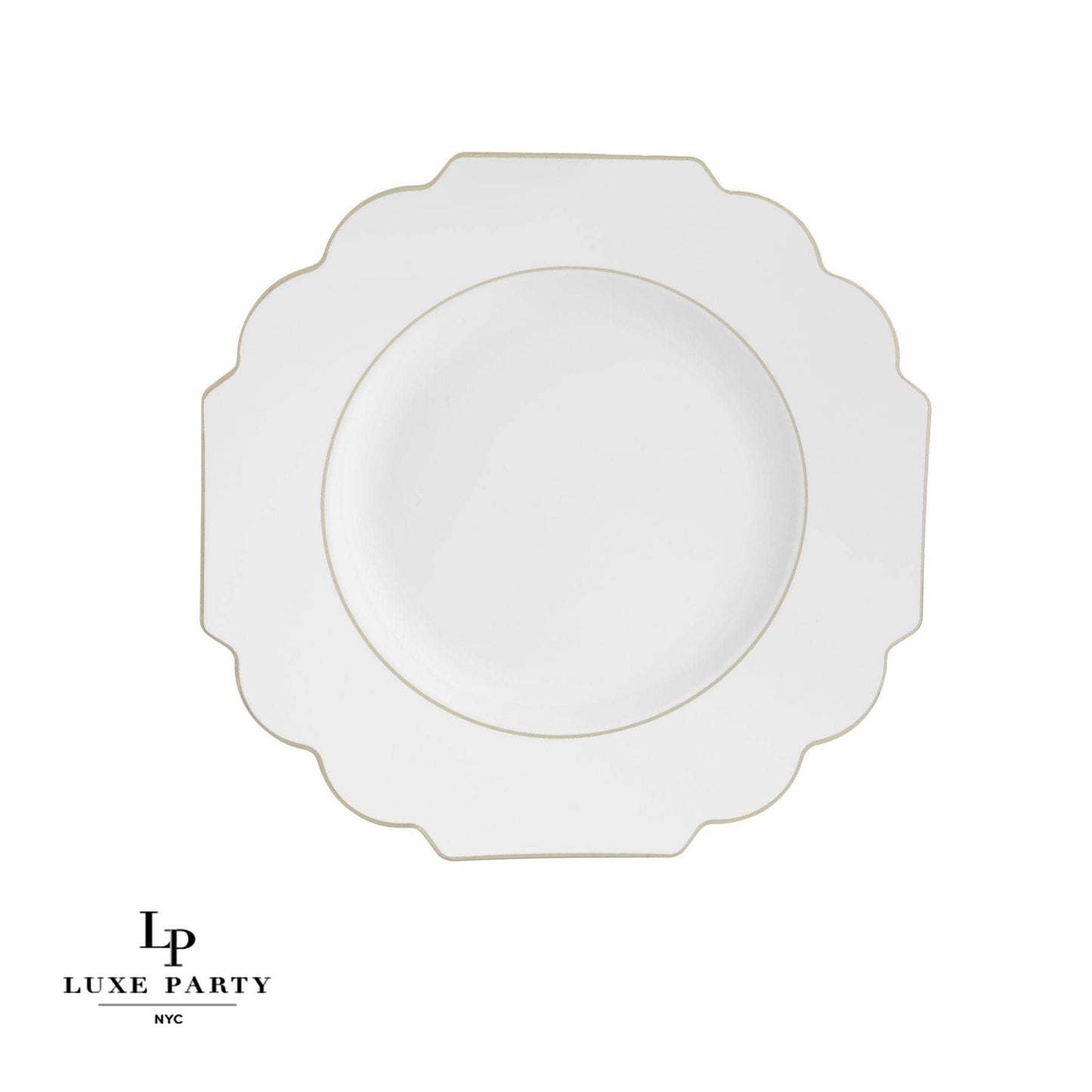Scalloped White • Gold Plastic Plates | 10 Pack: 10 Plastic Plates / 10.7" Dinner Plates - Bria Blair Creative
